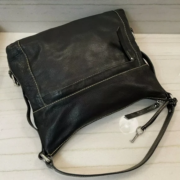 Fossil Black Pebbled Leather Hobo Satchel Tote Bag with Silver Key Charm - Picture 10 of 11